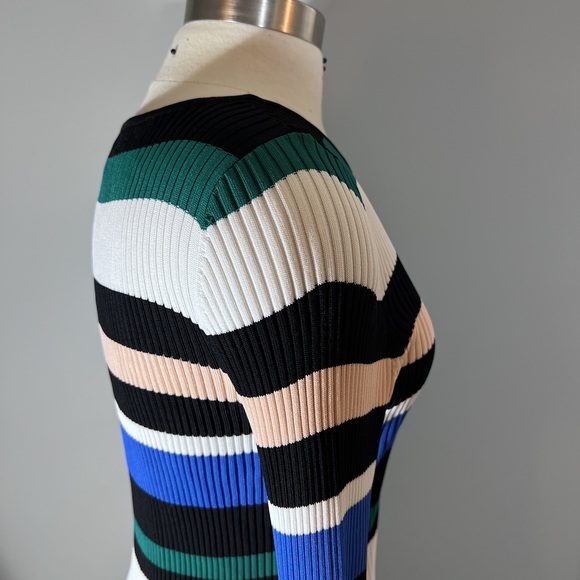 Scripted Sz L Black White Green Peach Blue Ribbed Striped Bell sleeve Top POSH44 - Picture 10 of 12